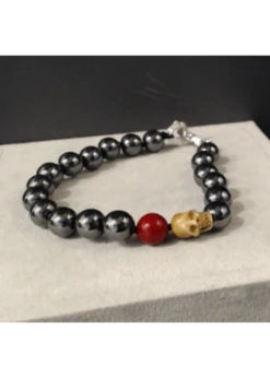 Hematite, Red Coral & Single Bone Beaded Men’s Bracelet